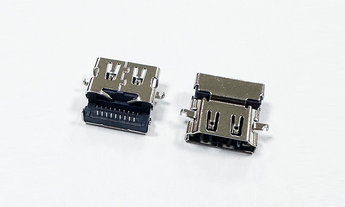 HDMI® A TYPE 反沉3.95；板上1.6；CH1.18；全插母座；不锈钢外壳；L=13.85MM  016T3.95-19P-B