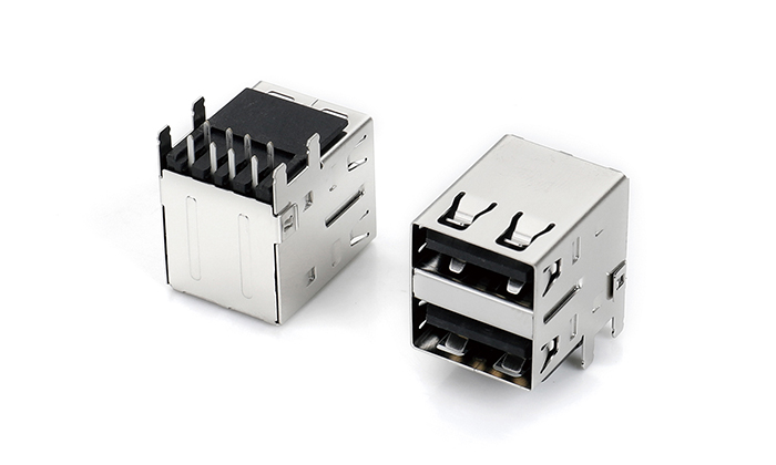 双层USB 2.0 一体式PA9T黑色直脚无翻边针长2.2不锈钢 UAF08L-C1AN-48P0