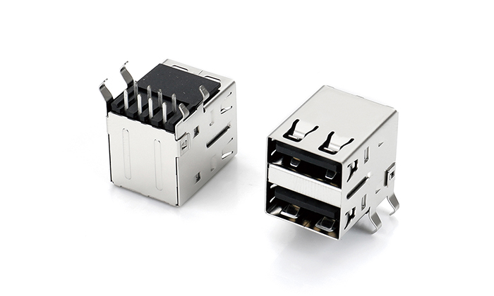 双层USB2.0一体PA9T黑色式弯脚无翻边针长2.6不锈钢 UAF08L-C1AN-38P0